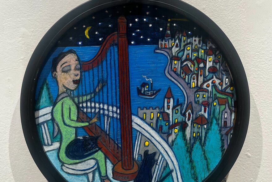Painting of a woman playing the harp on a balcony overlookikng a waterfront town at night.
