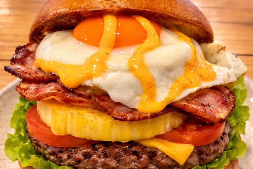 Aussie burger with egg, salad and pineapple.