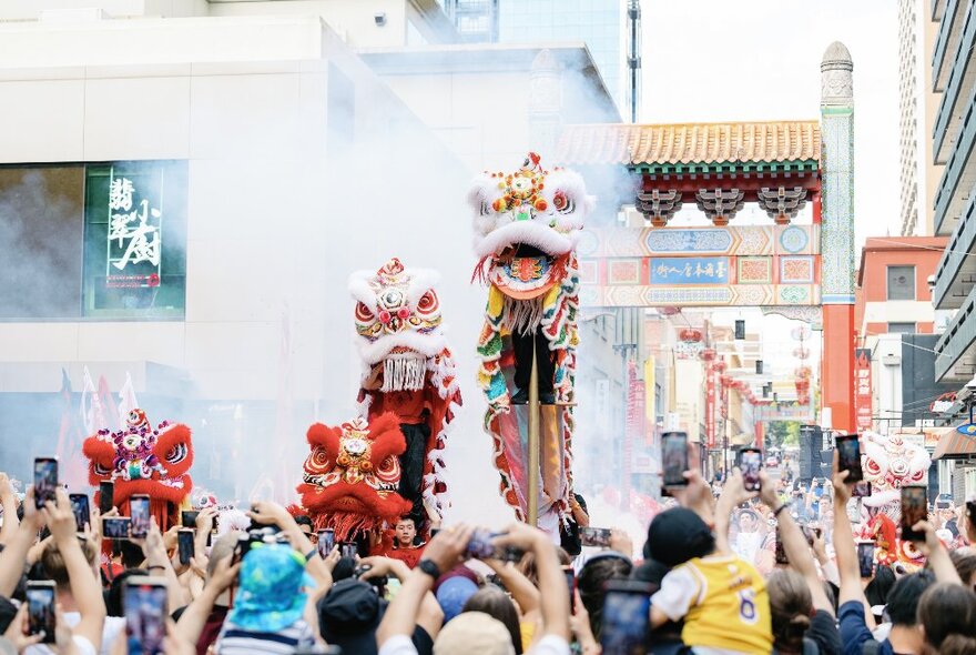 Chinatown dragons on poles being paraded through Chinatown crowds.