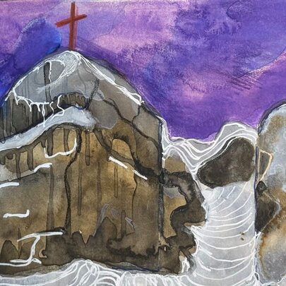 An abstract painting of a shadowy church building or cliff with a red crucifix on top and a purple sky. 