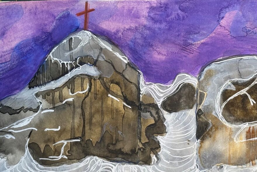 An abstract painting of a shadowy church building or cliff with a red crucifix on top and a purple sky. 