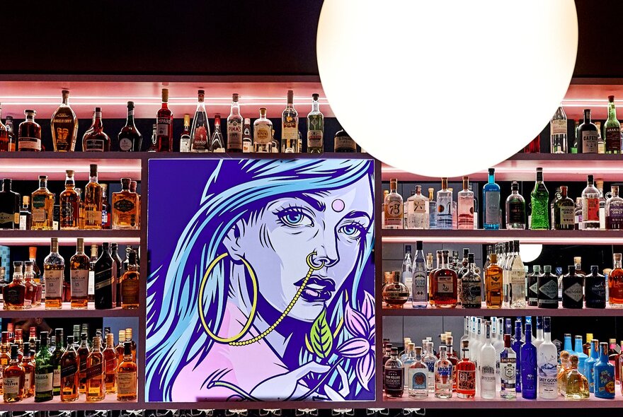Graphic artwork of a woman in front of a bar lined with bottles