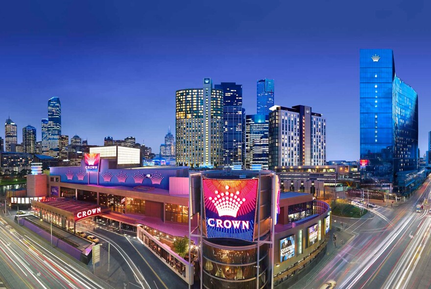 Aerial view of Crown Melbourne at night.