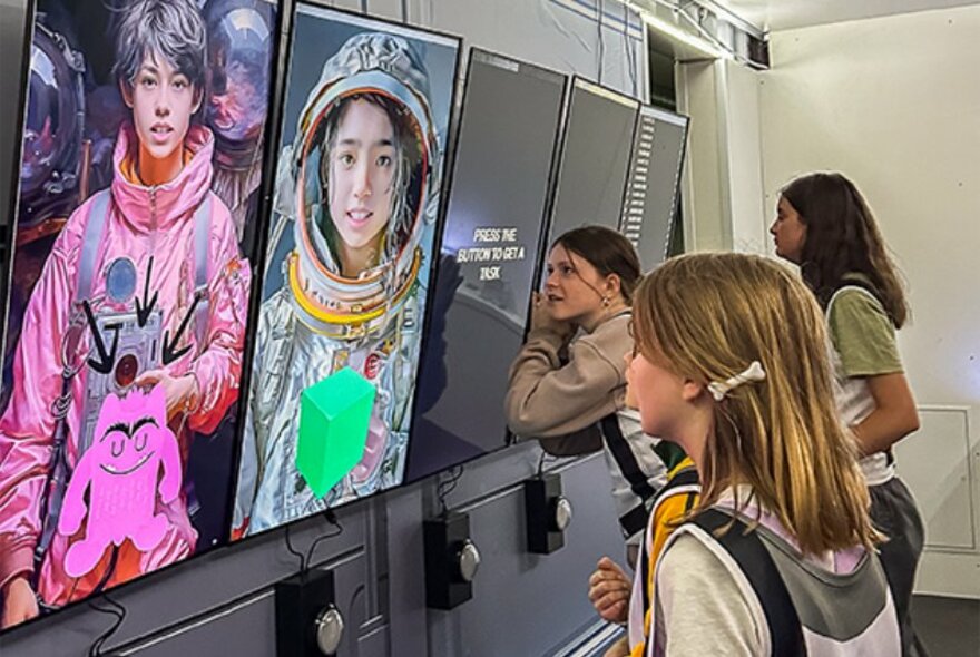 Young children interacting and playing a game inside a room, looking at images on a screen.