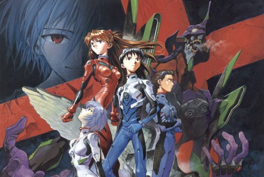 A still from the sci-fi anime series, Neon Genesis Evangelion, with four characters grouped together in the centre of the image, a red cross in the background.