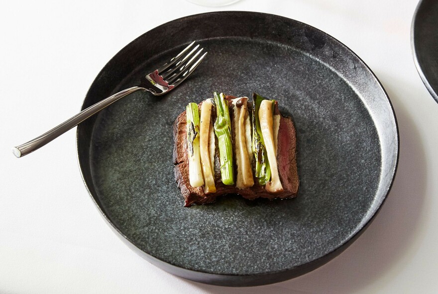 Square-shaped, thick slice of meat with vegetables on top.