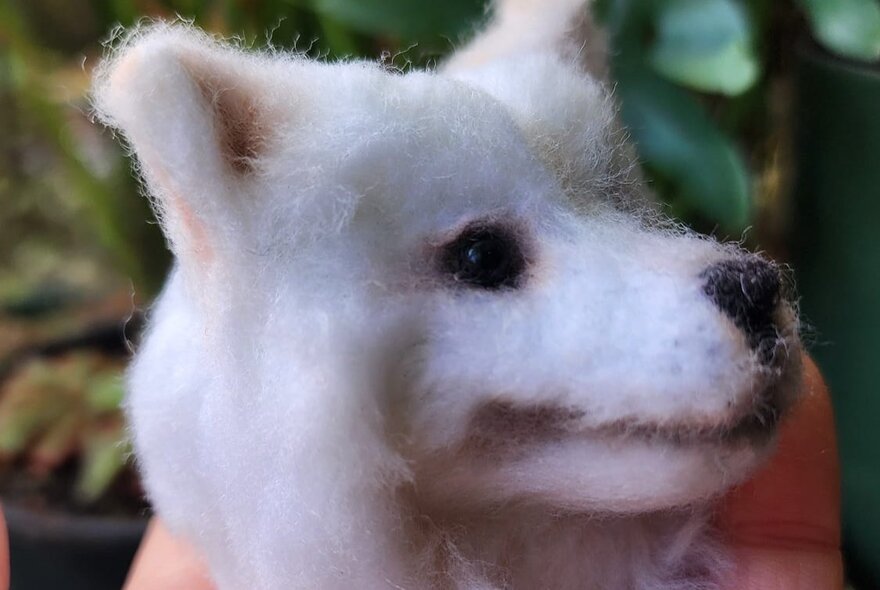 White pompom dog head with realistic-looking eyes and nose.