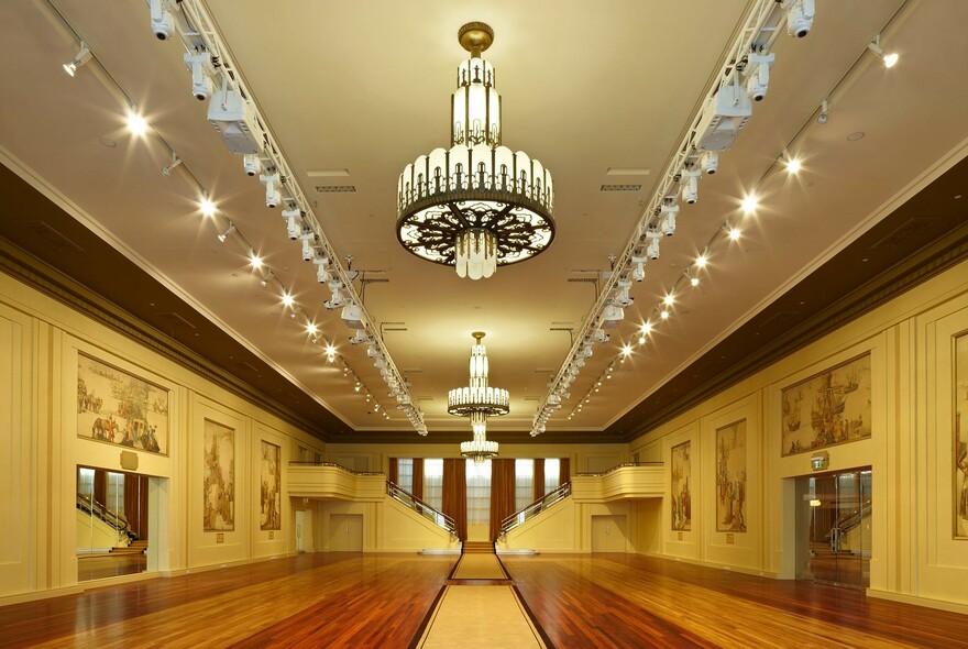 Heritage-listed Myer Mural Hall with art deco chandelier. 