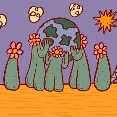 A childish cartoon drawing of people with flowers for heads holding a small world in their hands, the Arts Centre spire in the background and sun and clouds in sky. 