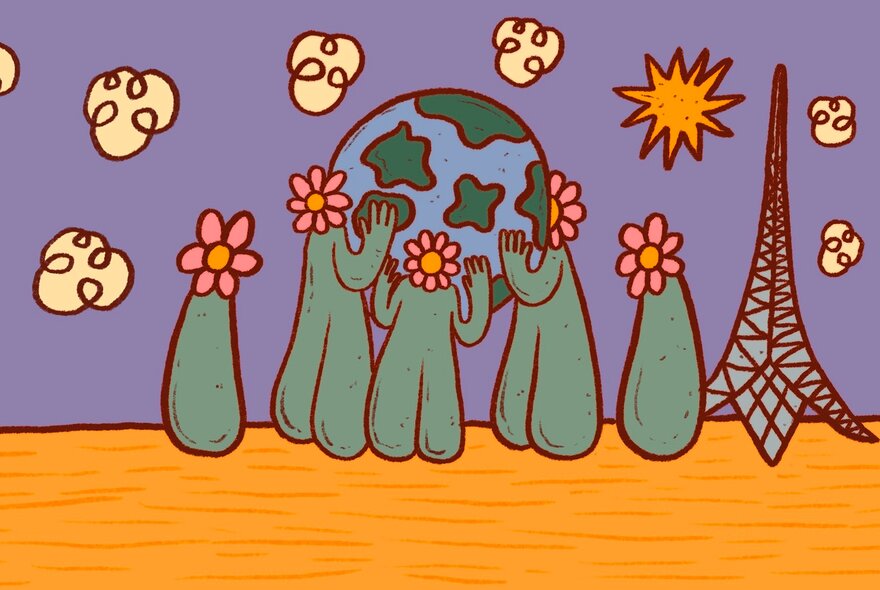 A childish cartoon drawing of people with flowers for heads holding a small world in their hands, the Arts Centre spire in the background and sun and clouds in sky. 