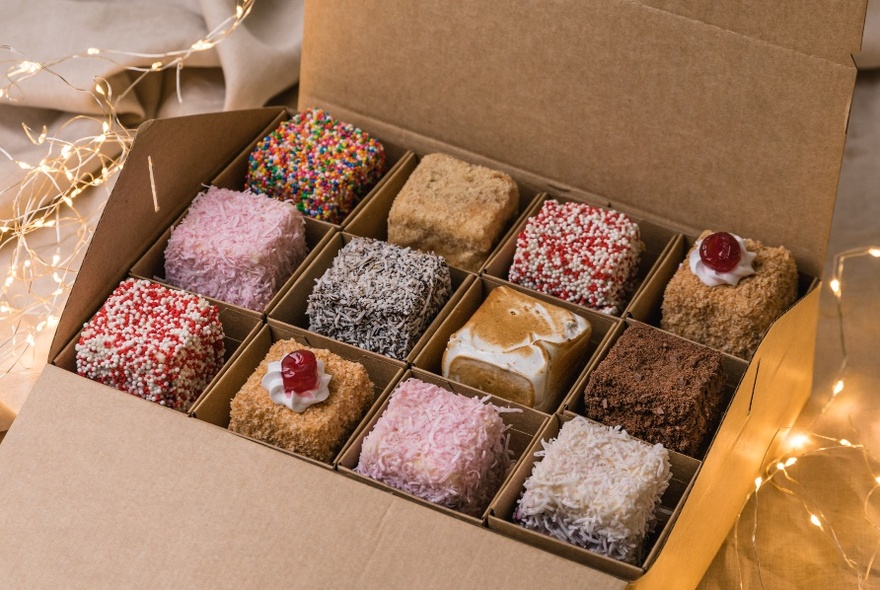 Box of 12 assorted mini-lamingtons.