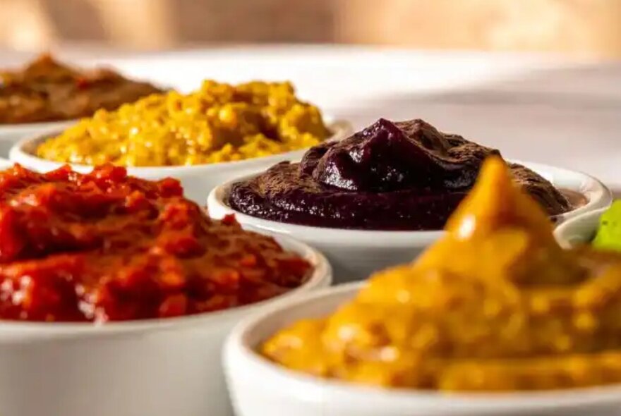 Close up vibrant spread of various pestos and dips arranged in small white bowls.