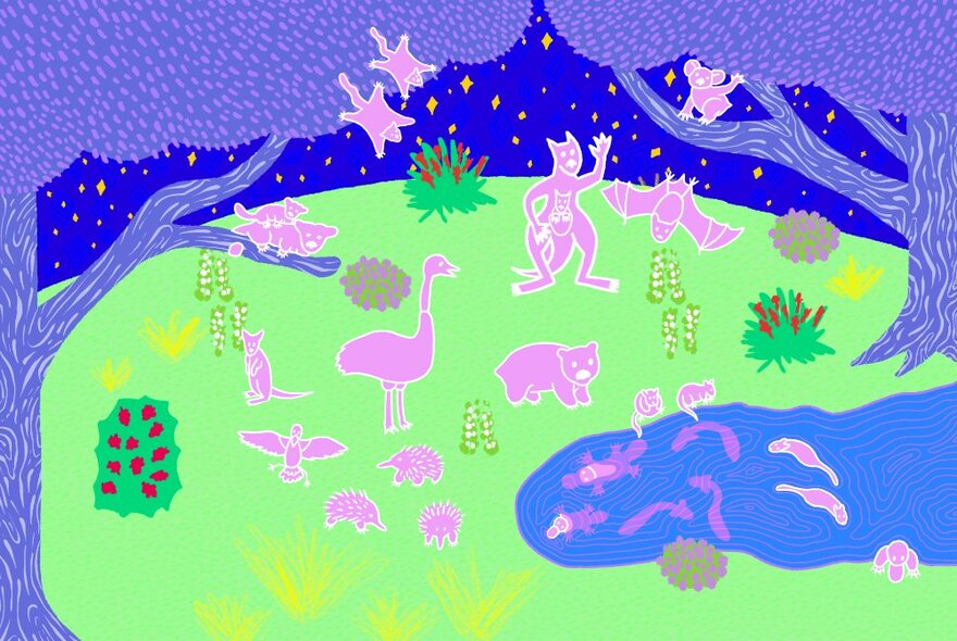 A colourful painting of a green area with pink Australian animals and blue trees and sky. 