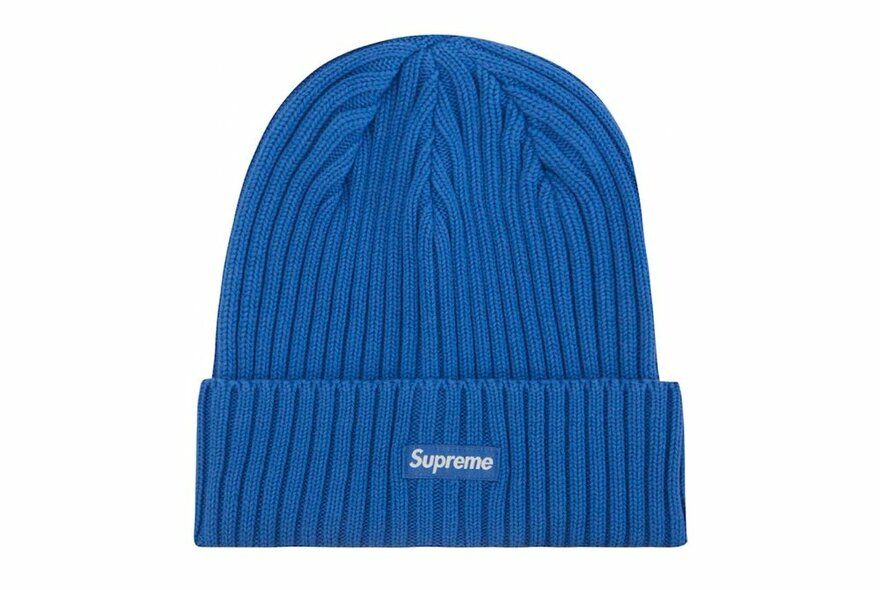 A bright blue ribbed beanie with a small logo reading Supreme.