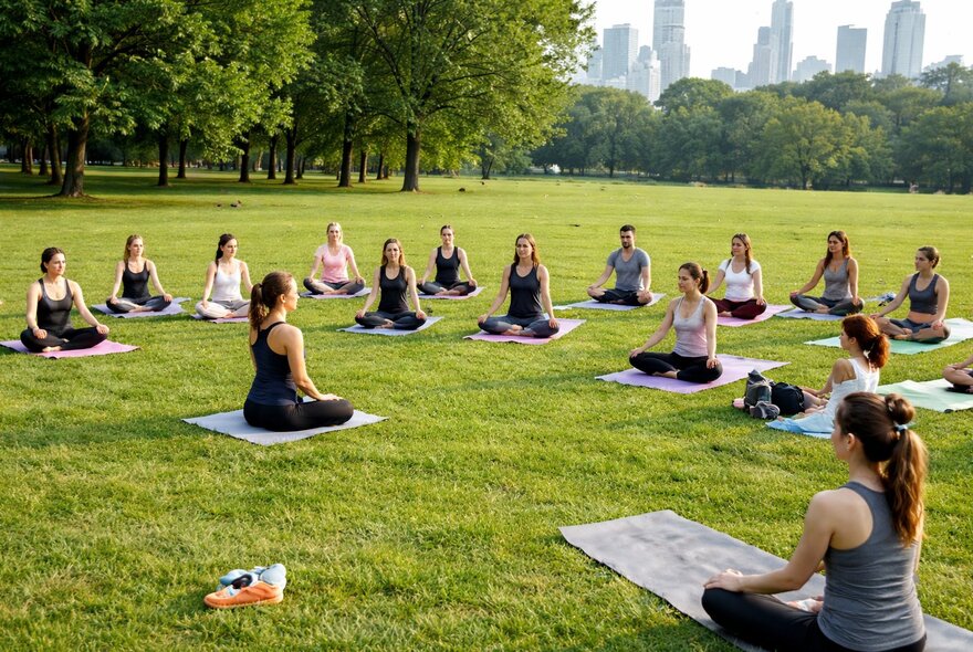 An outdoor yoga session taking place on a large expanse of lawn in a park, with the Melbourne city skyline in the distance.