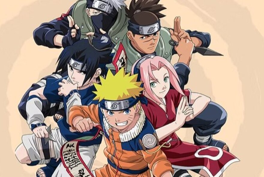 Anime characters grouped with fingers pointing.