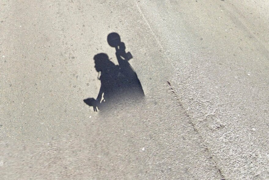 A half shadow of a person on a large expanse of grey asphalt.