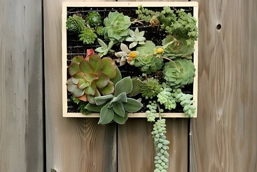 Succulents growing out of a wooden frame hanging on a fence.