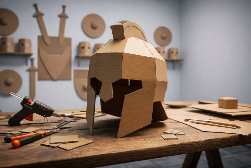 A DIY kids craft project of a cardboard gladiator helmet, inspired by ancient Roman designs.