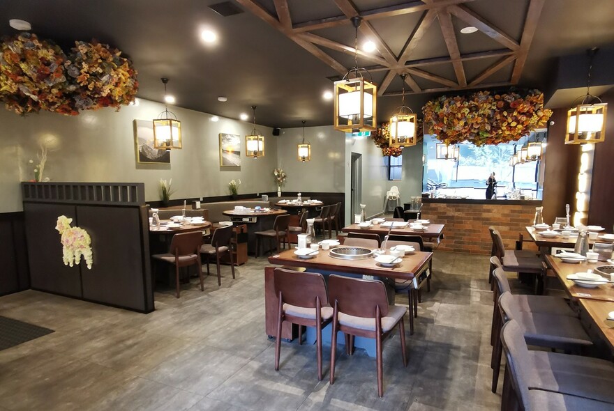 Restaurant interior with tables and chairs.