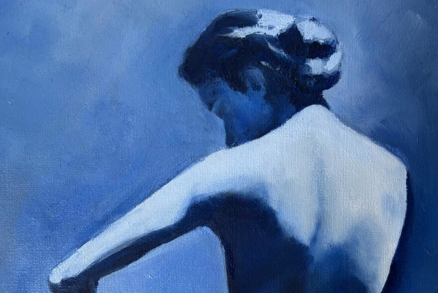 Painting in blue of a nude viewed from behind