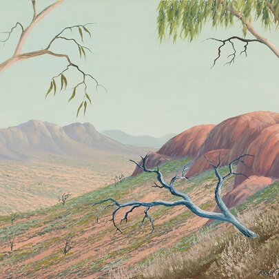 An Australian landscape painting showing several gum trees and red mountains by  Brabrawooloong Gunnai artist, Ray Thomas.