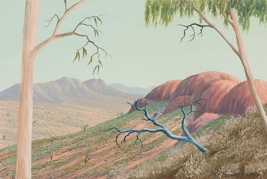 An Australian landscape painting showing several gum trees and red mountains by  Brabrawooloong Gunnai artist, Ray Thomas.