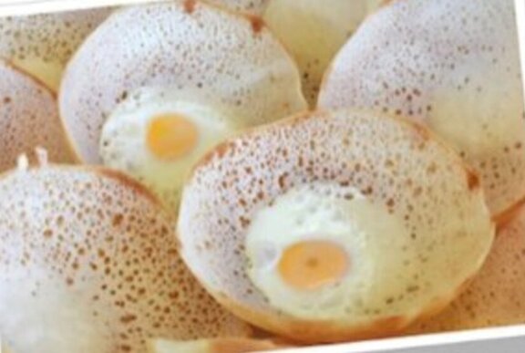 Close up of egg hoppers on a plate.