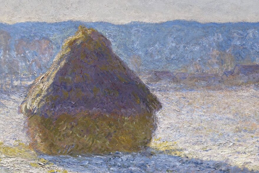 French painter Claude Monet's dappled oil painting of a grainstack on a field, dating from the 1890s.