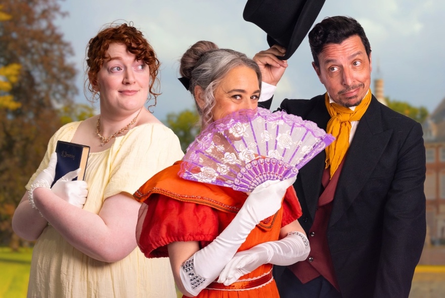 Actors in Regency clothing, the woman in front with a purple fan, a pastoral landscape with Georgian house in the background.