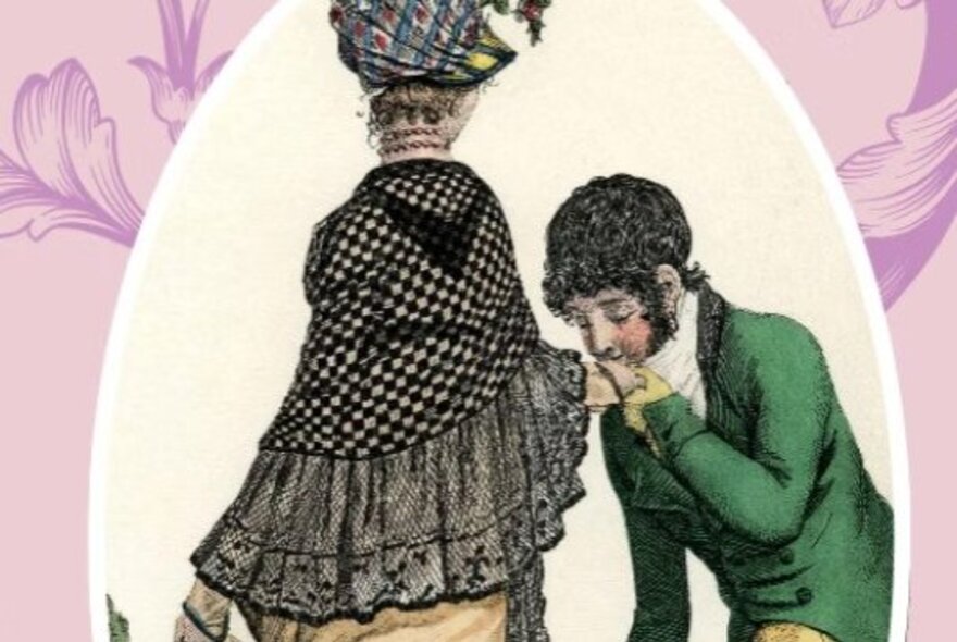 A hand-drawn illustration of a Regency-era man in a green top coat bowing to kiss the hand of a woman in a black and white shawl.