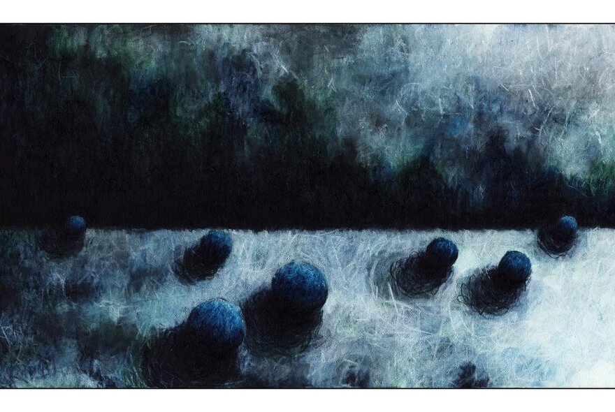 A drawing of small dark spheres on a greyish white surface.
