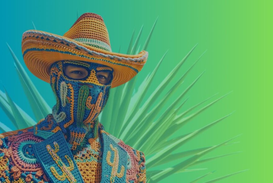 A man in Mexican-themed attire with his costume covering his face like a balaclava, in front of a green illustrated agave plant. 