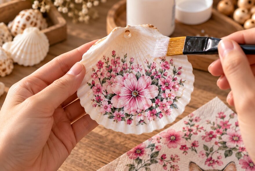 A hand applying a floral decoupage on a scallop shell as part of a creative art workshop.
