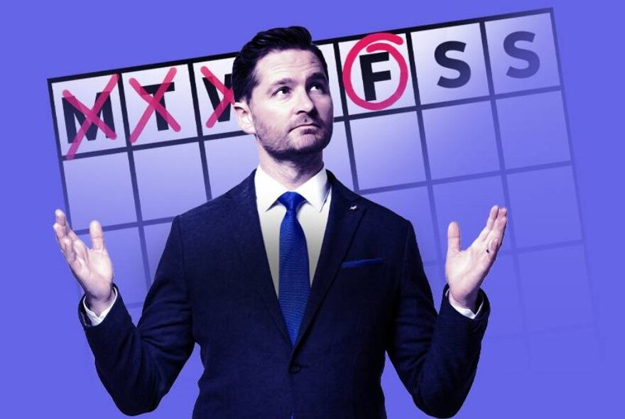 Charlie Pickering standing with hands raised in front of a calendar with the F for Friday circled.