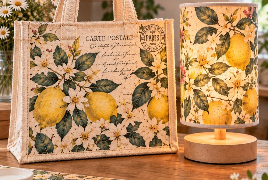 A canvas tote bag and a lampshade decorated with lemons, leaves and flowers using decoupage techniques.