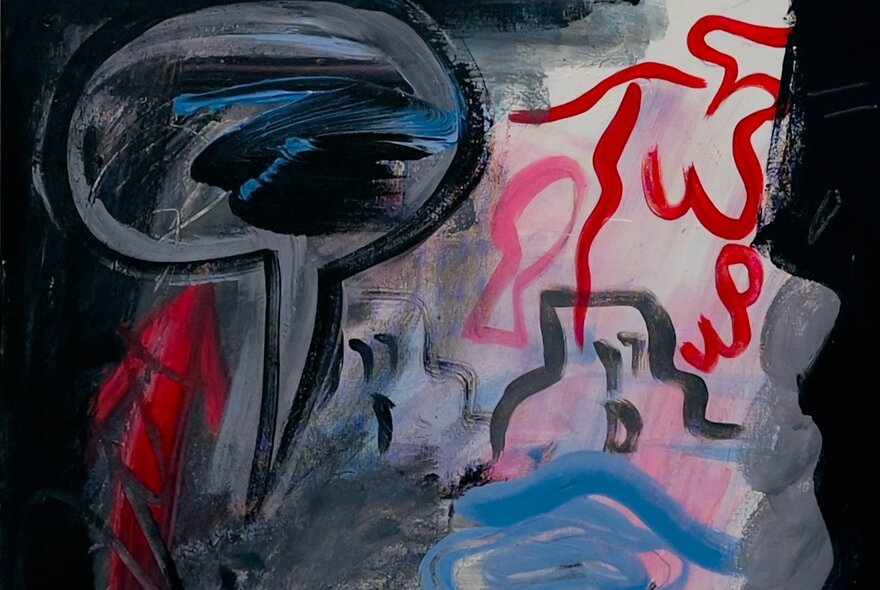 An abstract painted artwork in black, red and blue.