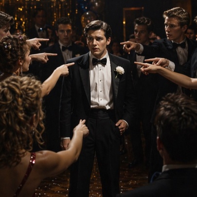 A scene from a movie where a person is being pointed at by a crowd of people in 1980s era formal attire.