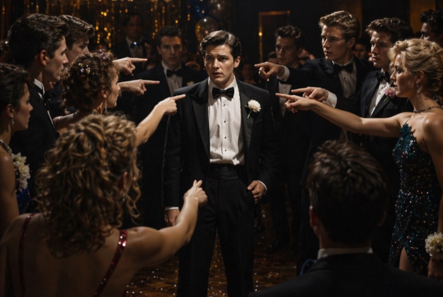 A scene from a movie where a person is being pointed at by a crowd of people in 1980s era formal attire.