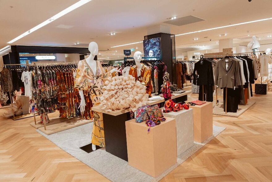 Inside David Jones showing racks of fashion garments.