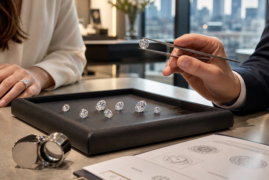 Two people at a desk during a diamond selection process involving loose stones viewed with tweezers and a loupe.