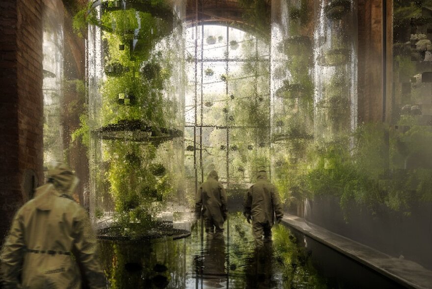 People walking through a large outdoor covered space, with green vertical hangings, and water on the ground.