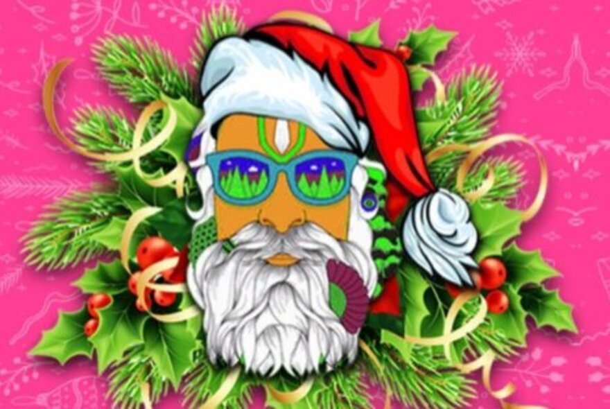 Santa Claus with sunglasses, tika and holly.