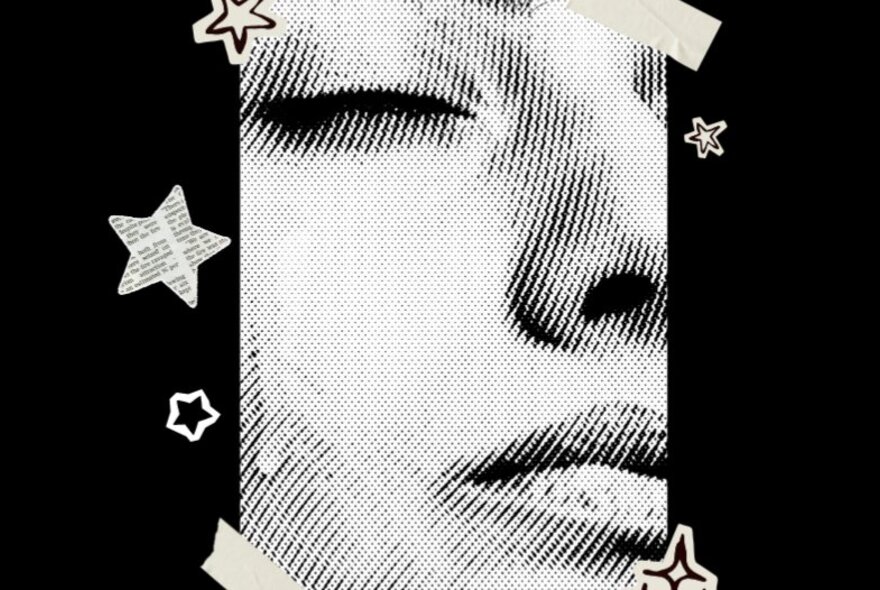 Black and white stippled drawing of a section of a face, in a vertical strip, against a black background with random stars around the edges.