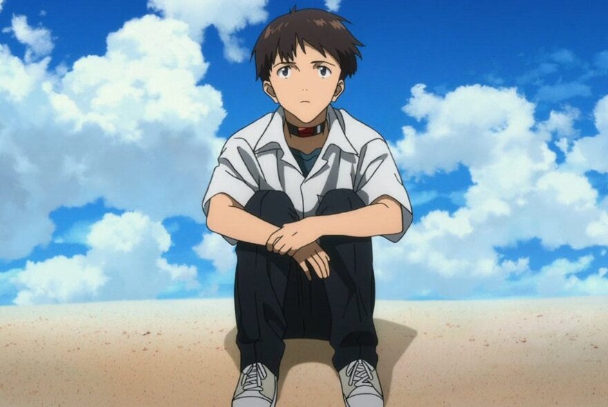 A still from an anime film of a person sitting on the ground, their arms encircling their knees, blue sky and clouds in the background.