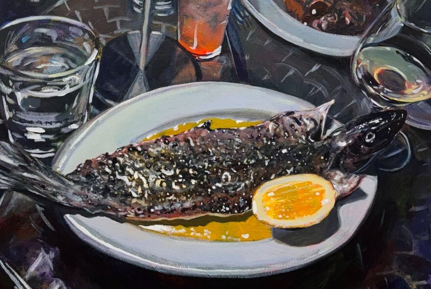 A realist painting of a whole fish on a plate, with a slice of lemon and a glass of water alongside.