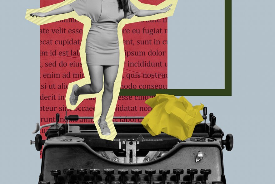 A collage of a typewriter, scrunched up yellow paper, text on a red square and a black and white photograph of a woman with arms outstretched.
