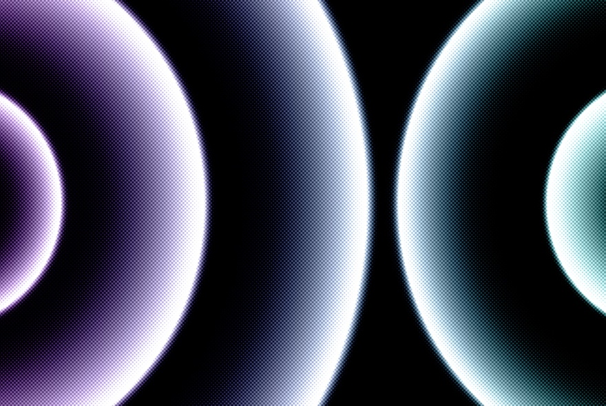 Graphic illustration with purple and blue white-edged curves.