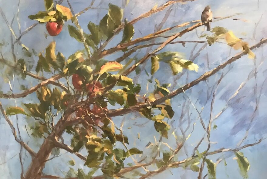 Artwork of a fruit tree laden with fruit.