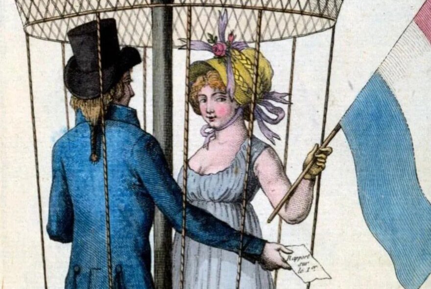 Drawing dating from 1798 of a man and a woman in Regency outfits in a hot air balloon.